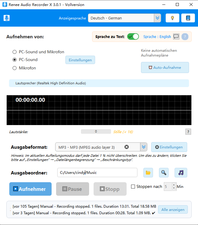 Hauptoberfläche von Renee Audio Recorder X zur Aufnahme von PC-Audio
