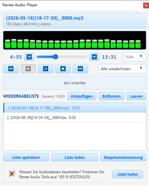 Integrierter Audio-Player zum Abspielen von PC-Audioaufnahmen in Renee Audio Recorder X