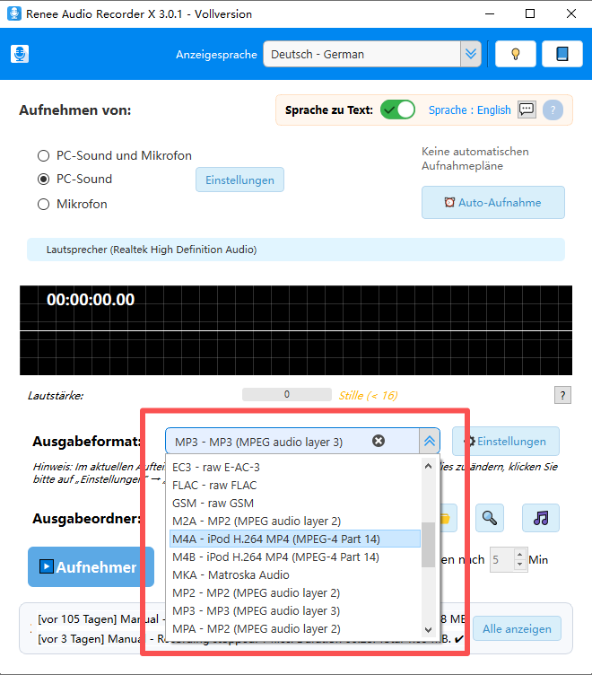 Unterstützte Audio-Ausgabeformate in Renee Audio Recorder X