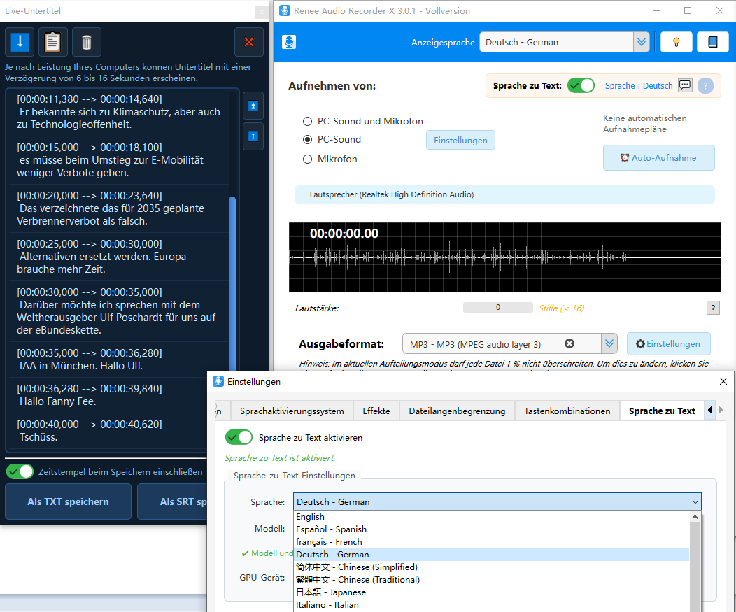 Einstellungen für Sprache-zu-Text und Live-Untertitel in Renee Audio Recorder X